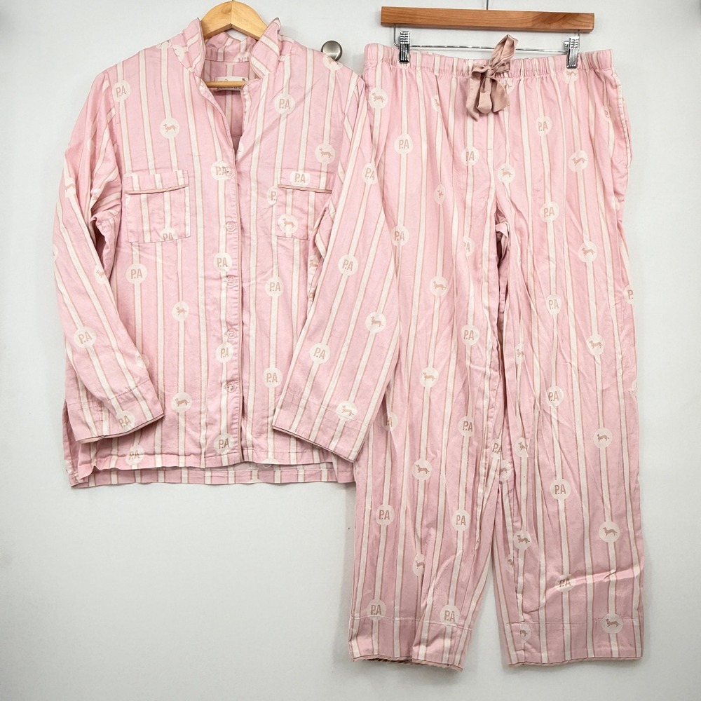Peter Alexander Pajama Set Women XL Pink Striped Dachshund Logo Cotton Preppy